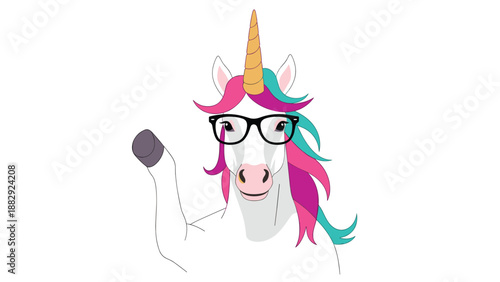 Magical white unicorn head wearing smart black glasses with a vibrant pink and turquoise mane on a white background.