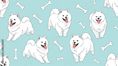 Repeatable vector pattern of happy white samoyed dogs and white bones scattered over a pleasant light blue background.