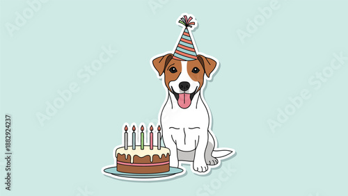 Joyful jack russell terrier wearing a striped party hat sits next to a delicious birthday cake with lit candles.