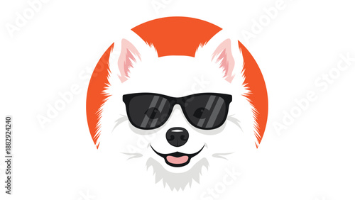 Fluffy white spitz dog face wearing cool black sunglasses centered in front of a bright orange circular background.