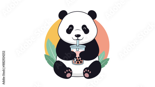 Adorable cartoon panda bear sits and enjoys a delicious pink bubble tea with boba pearls in a cute vector scene.