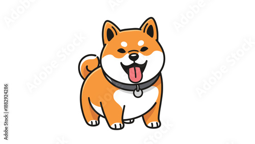 Happy red shiba inu puppy standing with a black collar and a joyful expression in a clean vector cartoon style.