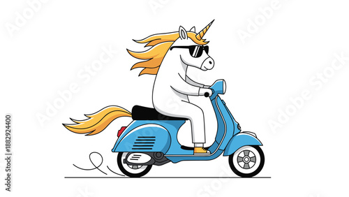 Fun white unicorn wearing sunglasses riding a blue classic motor scooter with its golden mane blowing in the wind.