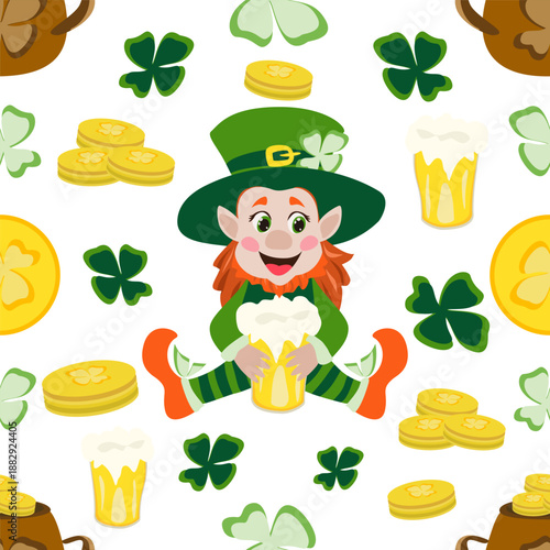 St Patrick Day seamless pattern with cute leprechaun, gold coins, beer mugs, shamrock clover, festive Irish holiday design for wrapping paper, textile, party decor, and background