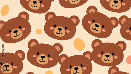 Seamless vector pattern featuring cute brown bear faces and yellow circular dots over a warm cream colored background.
