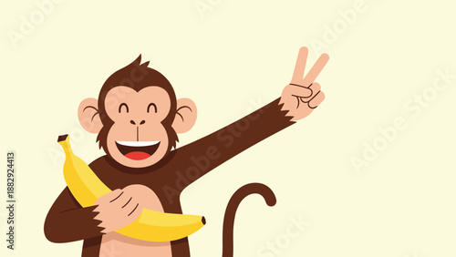 Happy brown monkey holding a yellow banana and making a peace sign with its hand in a fun cartoon illustration.