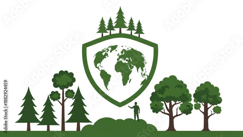 Eco friendly symbol with green earth shield trees and person on hill protecting environment