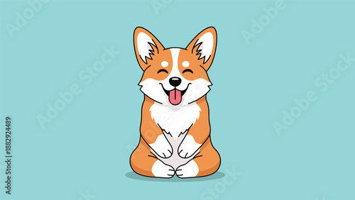 Happy pembroke welsh corgi puppy sitting and smiling with its eyes closed on a solid light blue background.