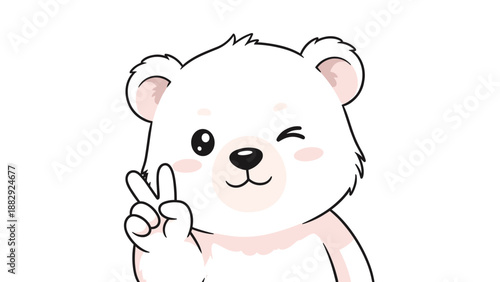Adorable white teddy bear winking and making a peace sign with its paw on a clean white background, perfect for greeting cards.