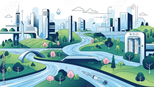 Futuristic cityscape with winding roads green spaces and modern architecture under a bright sky