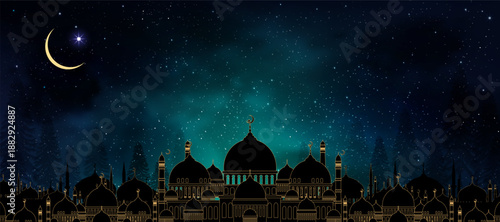 Islamic night background,Elegant golden mosque silhouette.Night sky deep blue starry sky,glowing crescent moon,stars.Vector luxury Ramadan Kareem greeting,Eid Mubarak banner,Religious event invitation