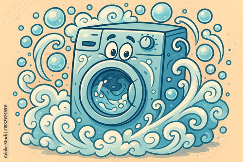 Playful washing machine surrounded by swirling water bubbles.