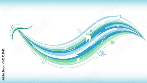 Vibrant blue and green wave design with tooth and bubbles on white background for dental or oral care concept