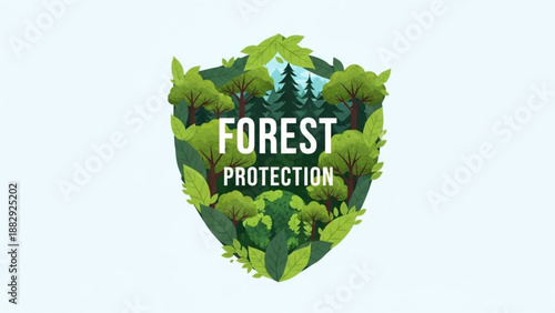 Forest protection shield with green trees and foliage on light blue background symbolizing conservation and environmental safety