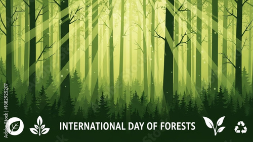 International day of forests green forest with sunlight filtering through trees environmental awareness concept