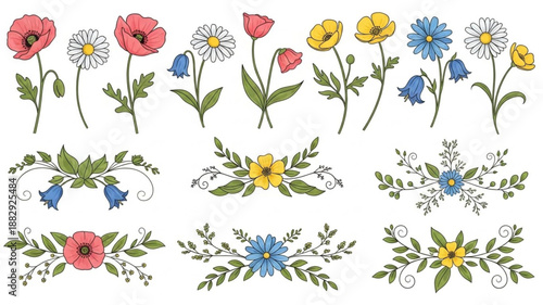 Collection of Hand Drawn Wildflowers and Floral Elements.
