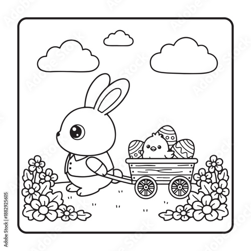 Bold and Easy Cute Easter Coloring Pages, Cute baby bunny hatching from a decorated Easter egg.Kids Coloring book page with simple bold outlines, vector illustration for a holiday activity