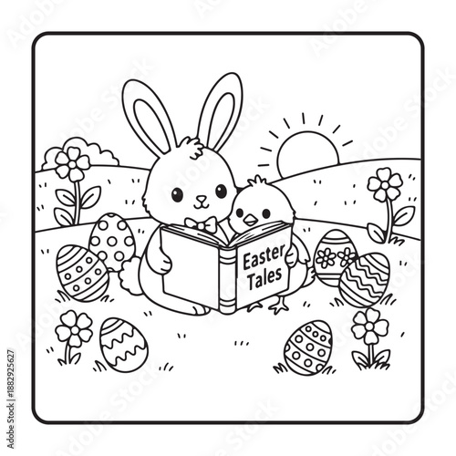 Bold and Easy Cute Easter Coloring Pages, Cute baby bunny hatching from a decorated Easter egg.Kids Coloring book page with simple bold outlines, vector illustration for a holiday activity