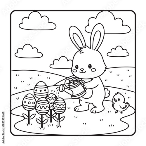 Bold and Easy Cute Easter Coloring Pages, Cute baby bunny hatching from a decorated Easter egg.Kids Coloring book page with simple bold outlines, vector illustration for a holiday activity