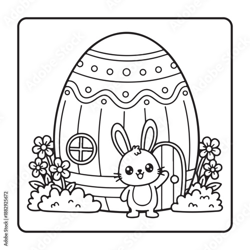 Bold and Easy Cute Easter Coloring Pages, Cute baby bunny hatching from a decorated Easter egg.Kids Coloring book page with simple bold outlines, vector illustration for a holiday activity