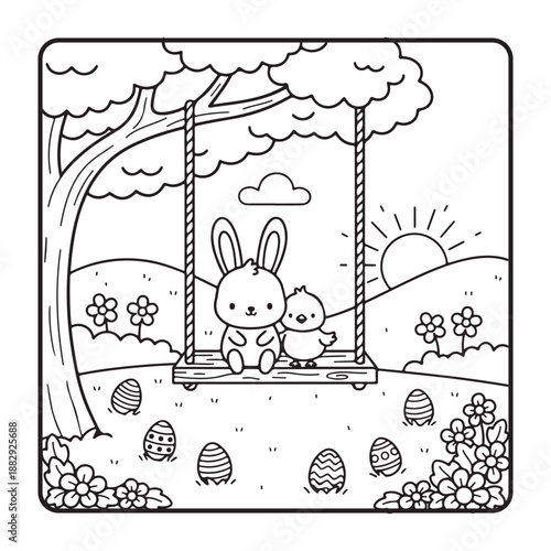 Bold and Easy Cute Easter Coloring Pages, Cute baby bunny hatching from a decorated Easter egg.Kids Coloring book page with simple bold outlines, vector illustration for a holiday activity
