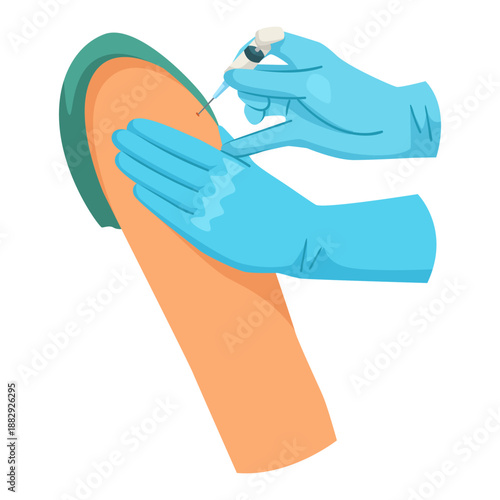 Vaccination scene showing gloved hands injecting syringe into arm, flat graphic style, isolated on white background. Concept of immunization. Vector illustration