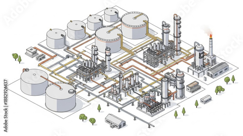 Industrial Oil Refinery Complex with Storage Tanks and Pipelines.