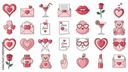 Cute Pink Valentine's Day Stickers: Hearts, Roses, Teddy Bears, and Love Notes