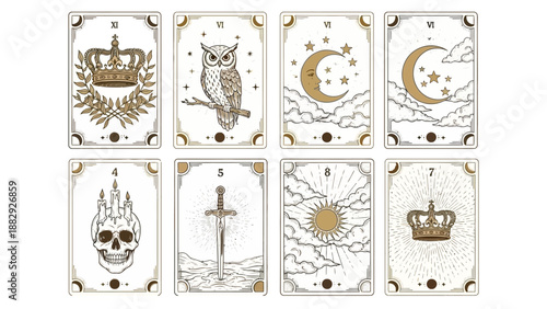 Mystical Tarot Cards with Esoteric Symbols and Celestial Bodies
