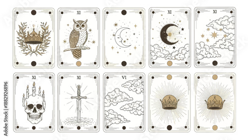 Mystical Tarot Card Vector Illustrations: Celestial, Symbols and Crowns Collection