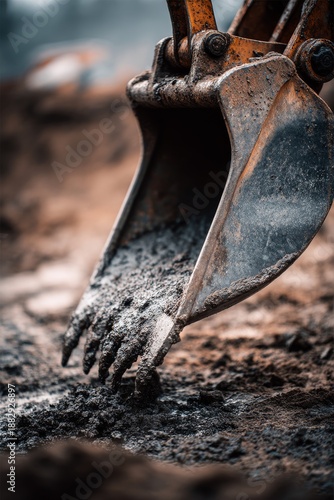 Detailed shot of a dirty heavy excavator bucket scoop over a construction ground, powerful industrial equipment and mining concept