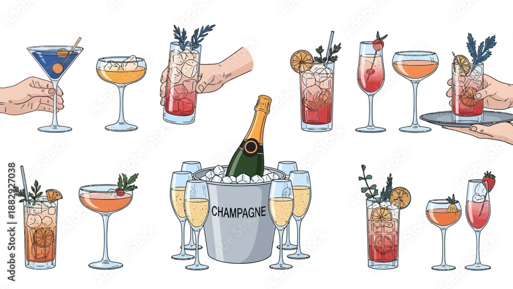 custom made wallpaper toronto digitalVariety of Elegant Cocktails and Champagne in Ice Bucket Vector Illustration