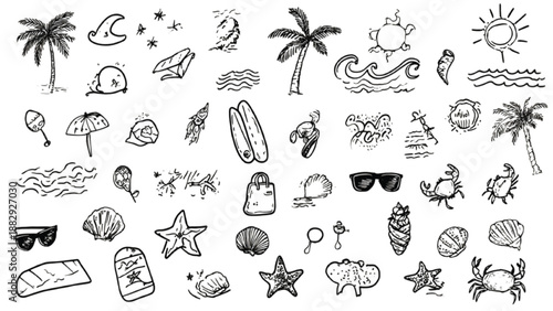 Cute Hand Drawn Coastal Summer Illustration Set with Beach Vacation Objects