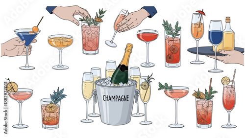 Collection of Elegant Cocktails and Champagne Bucket Vector Illustration