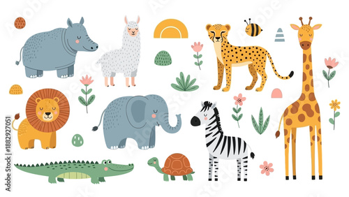 Adorable Cartoon Safari Animals and Flora Collection for Children's Designs