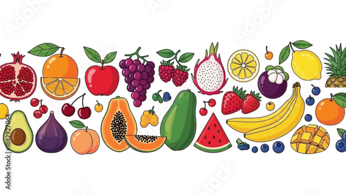 Vibrant Assortment of Tropical Fruits and Berries Border on White Background