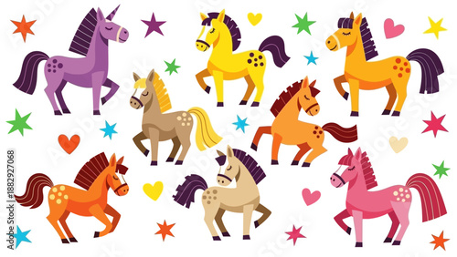 Cute Cartoon Unicorns and Horses with Stars and Hearts - Vibrant Vector Illustration