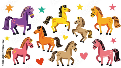 Set of Cute Cartoon Horses and Stars in Vibrant Colors, Vector Illustration
