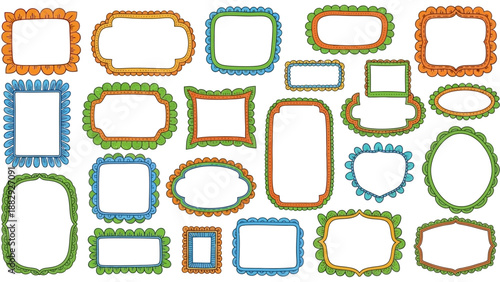 Collection of Diverse Hand-Drawn Decorative Frames and Borders in Various Colors