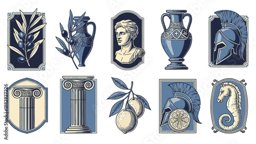 Ancient Greek Symbols Vector Illustration Set with Olive Branch, Vase, Bust, Column, Helmet