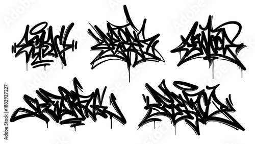 Set of five black graffiti tag art styles on white background, modern urban art
