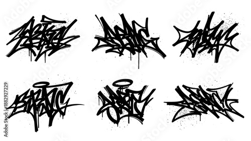 Graffiti Tag Art Set: Bold Black Spray Paint Tags and Drips on White Background
