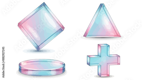 Four translucent geometric shapes with a pink and blue gradient, including a diamond, triangle, circle, and plus sign.