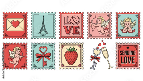 Vintage Valentine's Day Stamps with Romantic Symbols and Illustrations
