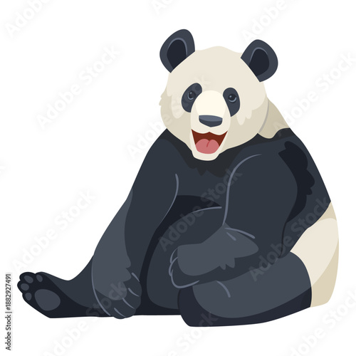 Adorable cartoon panda sitting with a cheerful expression, flat graphic style on plain white background. Concept of wildlife and cuteness. Vector illustration