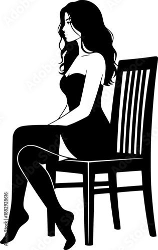 Elegant Woman Sitting Silhouette on Chair Vector