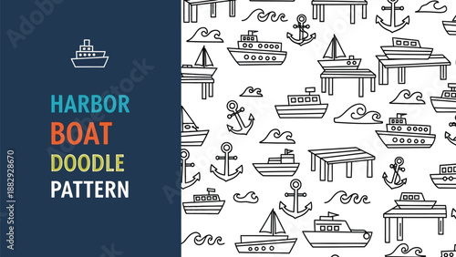 Black outline pattern of nautical doodle boats and anchors seamless repeat
