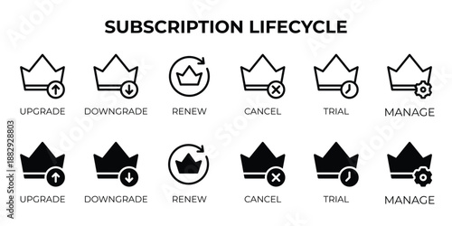 Subscription lifecycle icons with outline and glyph style.