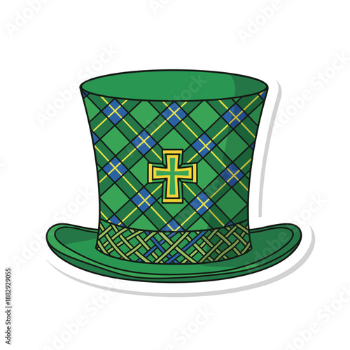 Green Plaid Top Hat with Celtic Cross Sticker.