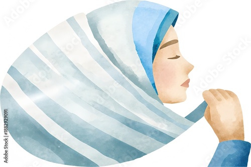 Portrait of a woman wearing a blue and white striped headscarf, conveying grace and elegance